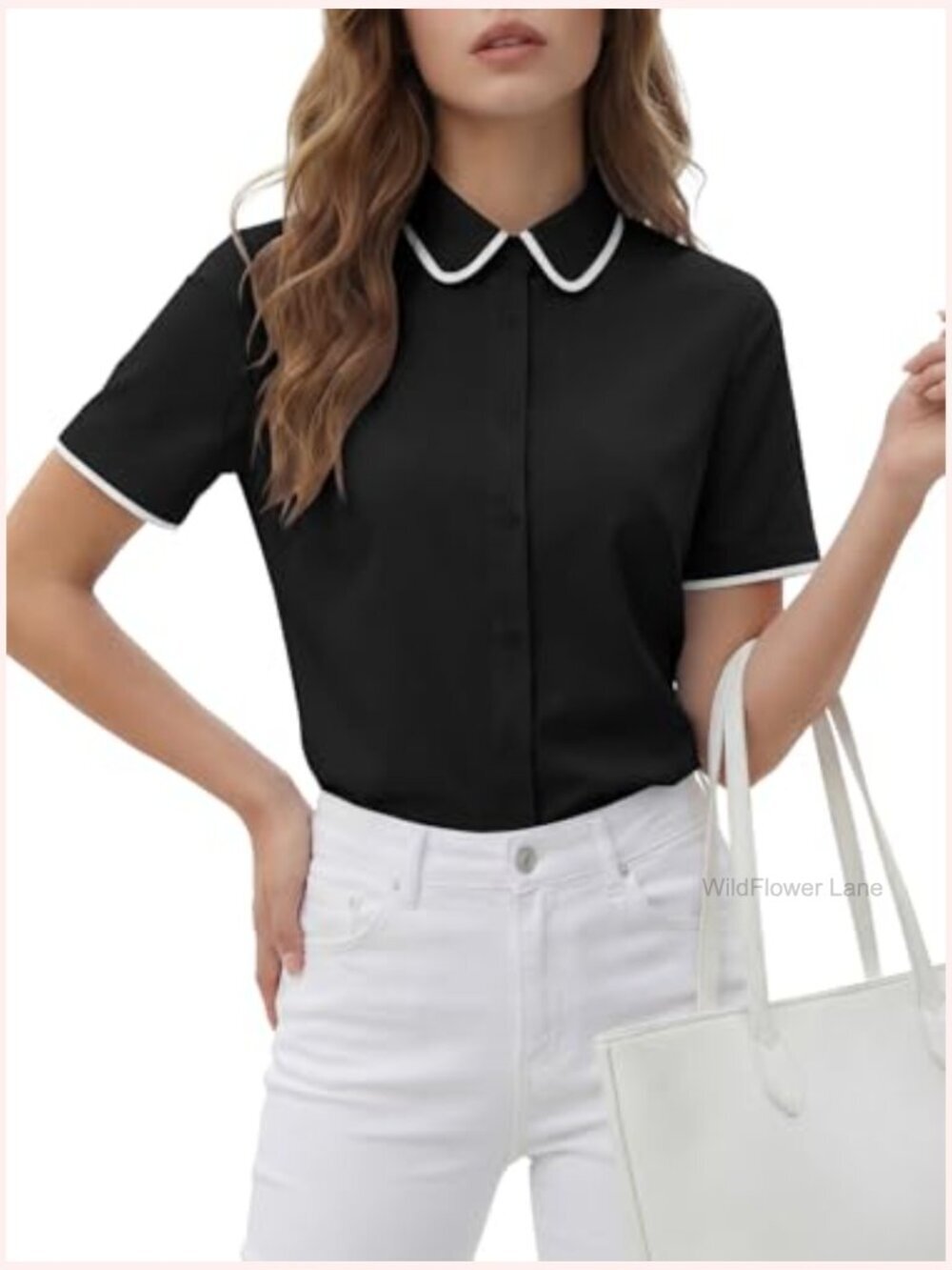Collared Button Down Short Sleeve Blouse Top Shirt - Picture 3 of 6